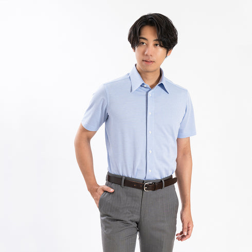 【日本製】 ワイシャツ メンズ ビジネス 半袖 形態安定 ノンアイロン 綿100% ピケストライプ イージーフォーマルシャツ ブルー(SHKN25-101-bl)